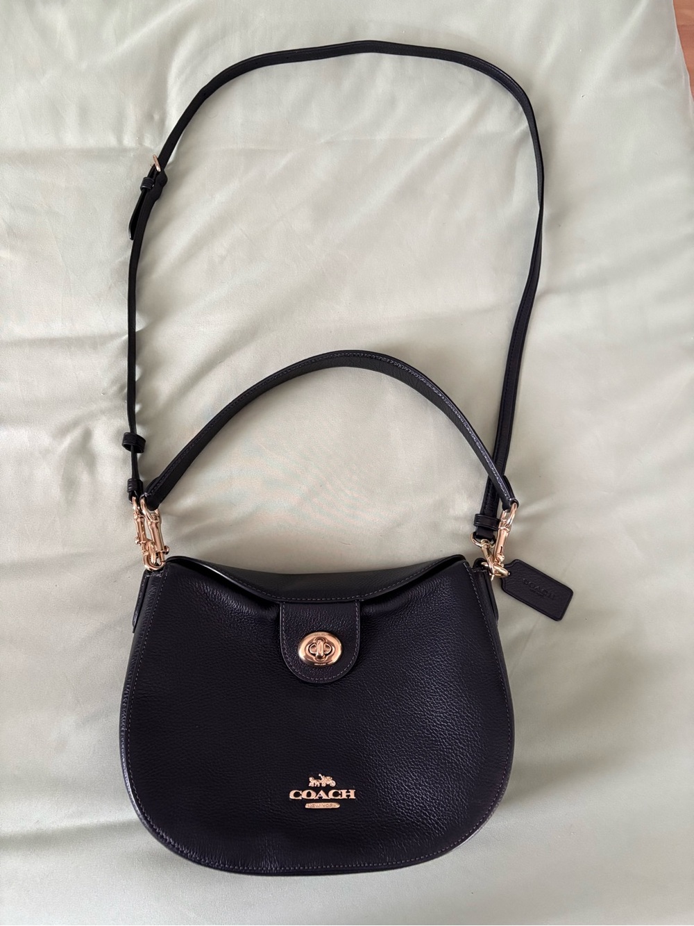 Coach Black Pebbled Leather Turnlock Crossbody Saddle Bag with Gold Hardware